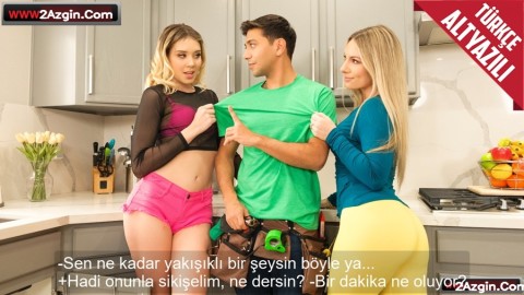 Yakışıklı Esmer Tamirciyi Azdırıp Üvey Annesiyle Beraber Sikişmeye Çalıştı